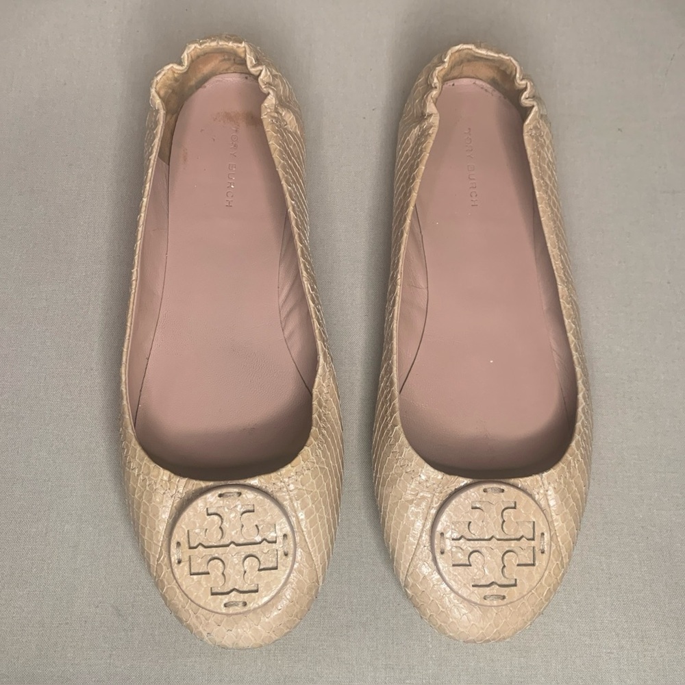 Tory Burch Minnie Travel Ballet Flats Snake Embossed Meadowsweet. Sz 9M